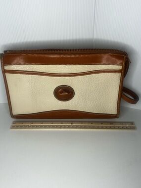 Vintage 90s Dooney & Bourke AWL Cream & Tan Leather Wristlet Clutch